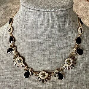 Vintage Crystal Rhinestone Moon Formal Statement Necklace Black Gold Tone Chunky